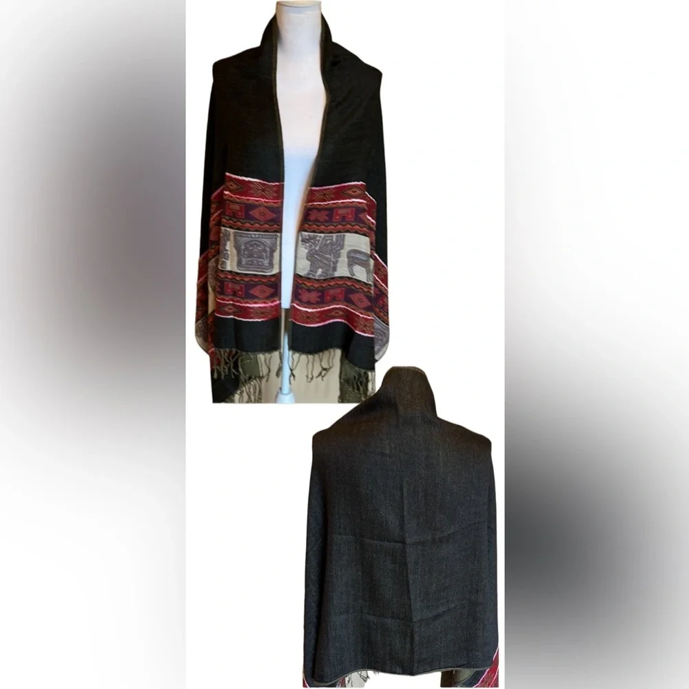 Printed scarf shawl with llama design in black red and green colors oversized